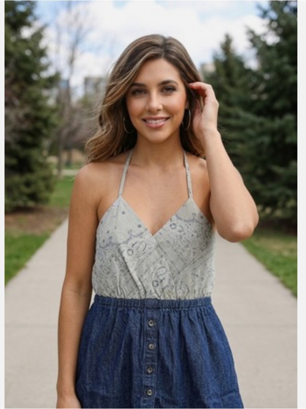 Easel Los Angeles Halter Top Bandana Print Denim Smocked Back Size Small